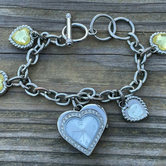 Women Watch Heart Shape Chain Bracelet Band Silver Tone Analog Wrist Watch - Picture 3 of 12